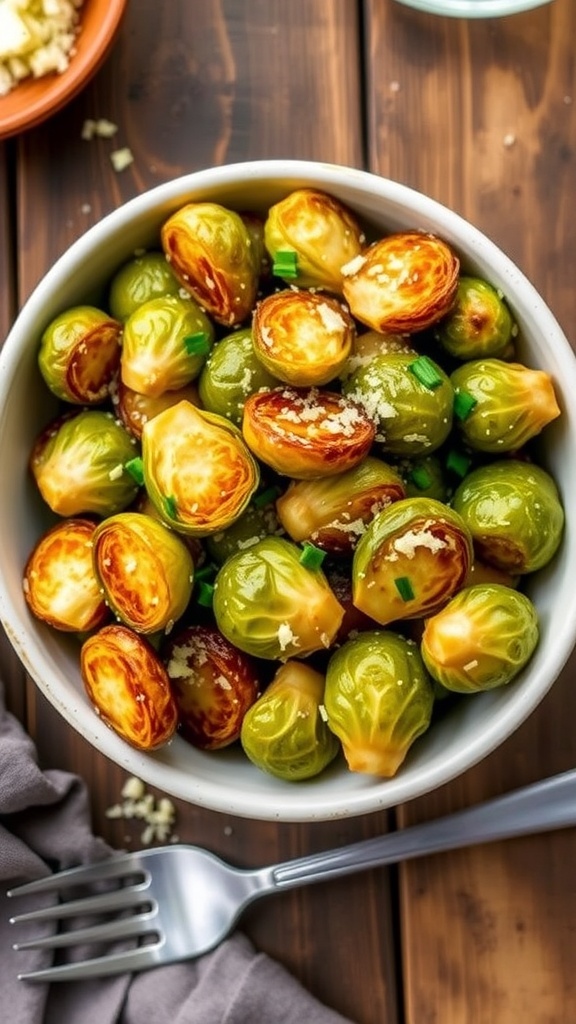 Crispy Air Fryer Garlic Parmesan Brussels Sprouts Crispy garlic parmesan Brussels sprouts in a bowl, garnished with parsley, on a wooden table.